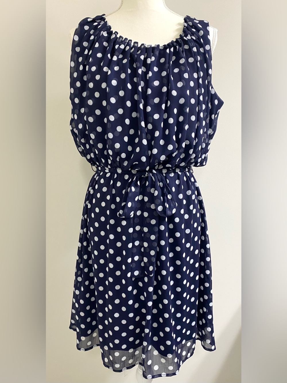 GNW Womens 16 Blue White Polka Dot Sleeveless Dress Summer Preppy Lightweight - Picture 16 of 16